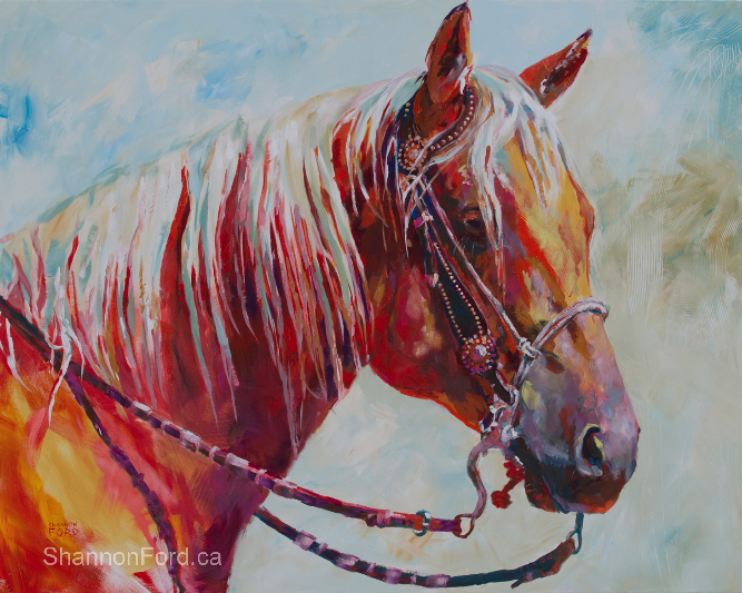 Shannon Ford, Canadian Equine Artist, Horse painting, Saddled and Ready, Sunset Chestnut