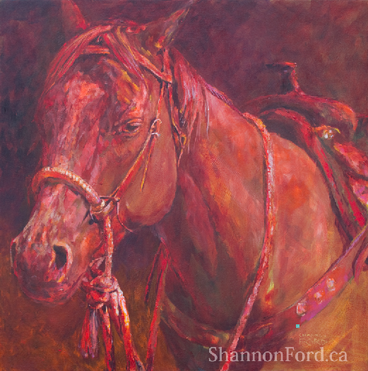 Shannon Ford, Canadian Equine Artist, Horse painting, Saddled and Ready, Sunset Chestnut